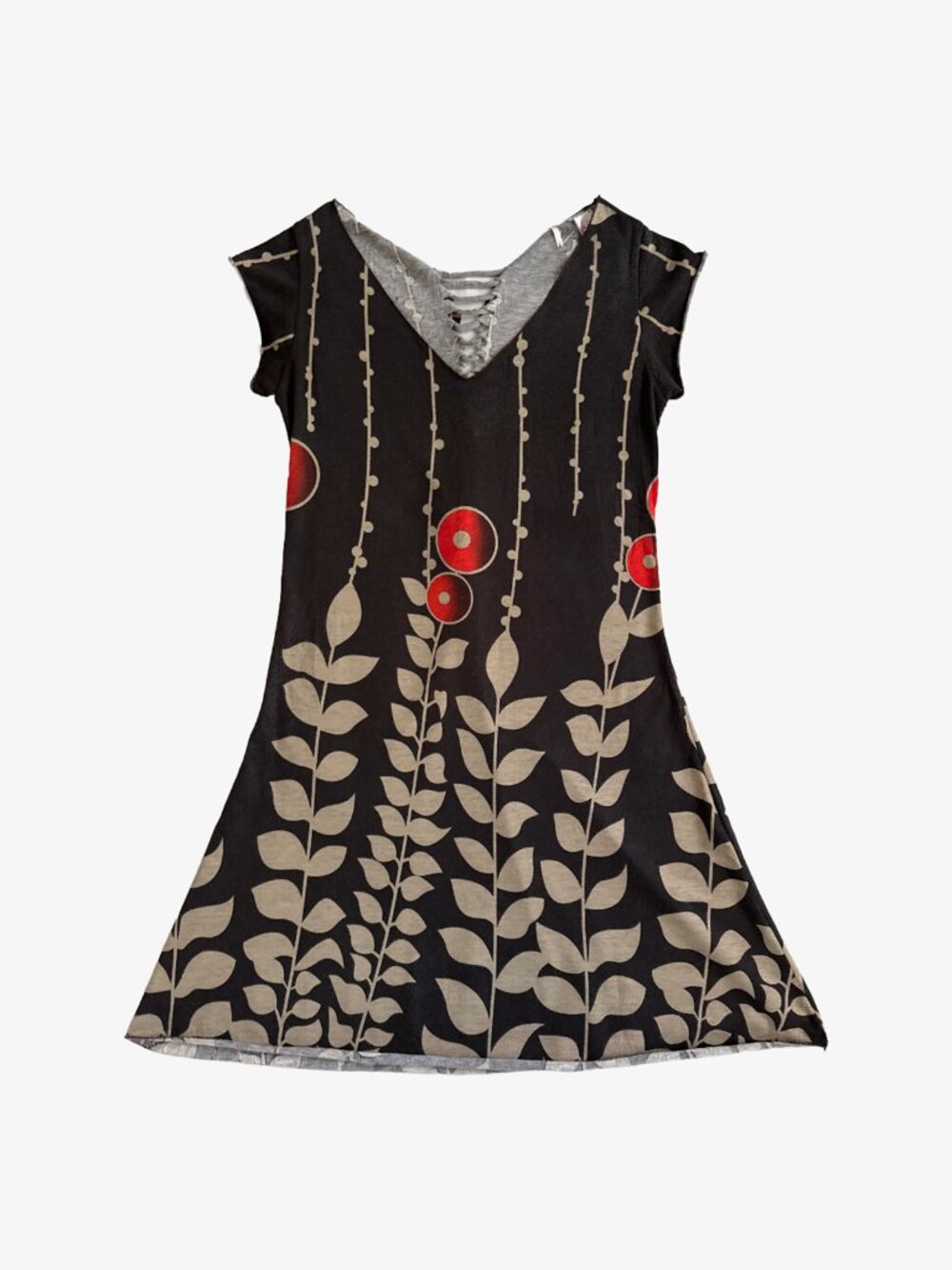 Y2K Brown Graphic Floral Print Boho Lace-Up Back Mini Dress